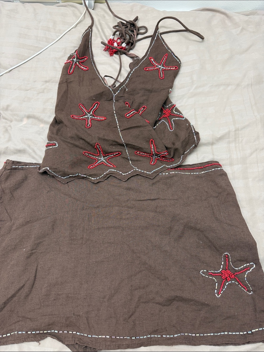 Pull&Bear Brown Two-Piece Starfish Embroidered Skirt Set